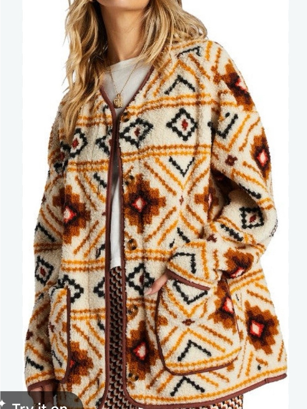 Billabong Cream, Tan & Brown Geometric Teddy Jacket